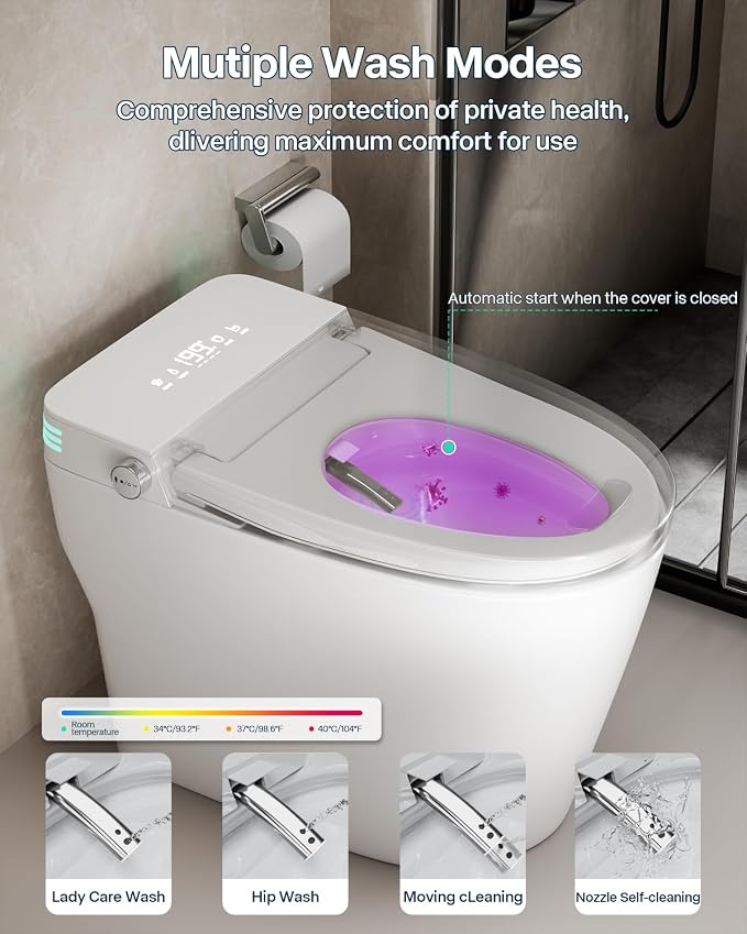Smart Toilet with Bidet Built In, ADA Comfort Height, One Piece Elongated Toilet with Tank Built in, Pump, Auto Open Close Quiet Flush, Foam Shield, Voice Control Heated Seat,Instant Warm Water