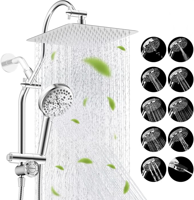Hibbent High Pressue All Metal 10" Rainfall Shower Head, Handheld 10-Spray | cUPC Certified Chrome Dual Showerhead Combo, 4-way Diverter with Pause Mode, Brass Extension Arm, 71'' Shower Hose & Holder