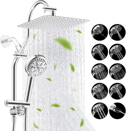 Hibbent High Pressue All Metal 10" Rainfall Shower Head, Handheld 10-Spray | cUPC Certified Chrome Dual Showerhead Combo, 4-way Diverter with Pause Mode, Brass Extension Arm, 71'' Shower Hose & Holder