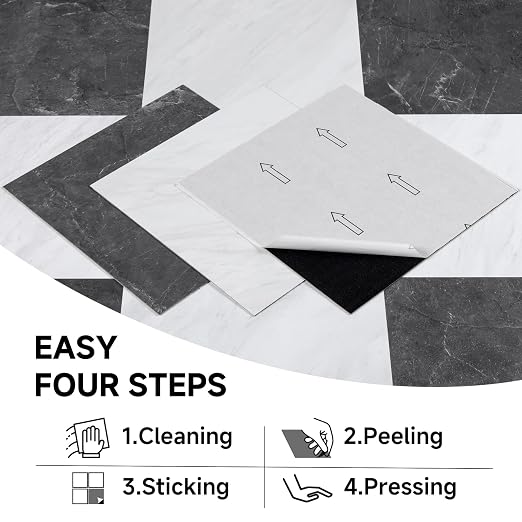 Peel and Stick Floor Tiles | Dark Gray Marble 30 Tiles | Coated Surface Tile / Indoor Areas / Anti Sctrach / Waterproof / DIY Installation / Easy to Clean 2.8m2