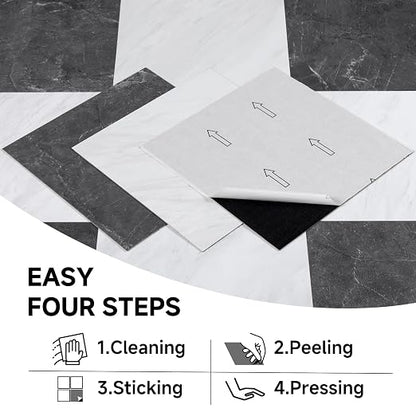 Peel and Stick Floor Tiles | Dark Gray Marble 30 Tiles | Coated Surface Tile / Indoor Areas / Anti Sctrach / Waterproof / DIY Installation / Easy to Clean 2.8m2