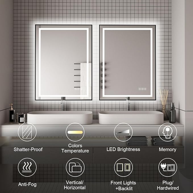 18x24 inches Rectangular Aluminum Black Framed LED Mirror, Smart Bathroom Mirror with Lights, Anti-Fog, Tempered Glass, 3 Colors Dimmable, Front and Backlit, Wall Mounted, Memory