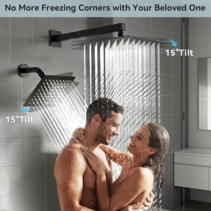 Shower Faucet Sets Rainfall Shower System, 12'' and 6'' Wall Mount Dual Shower Head, 2-in-1 Handheld Spray Gun, 5 Function Diverter with Pressure Balancing Valve Shower Set Matte Black
