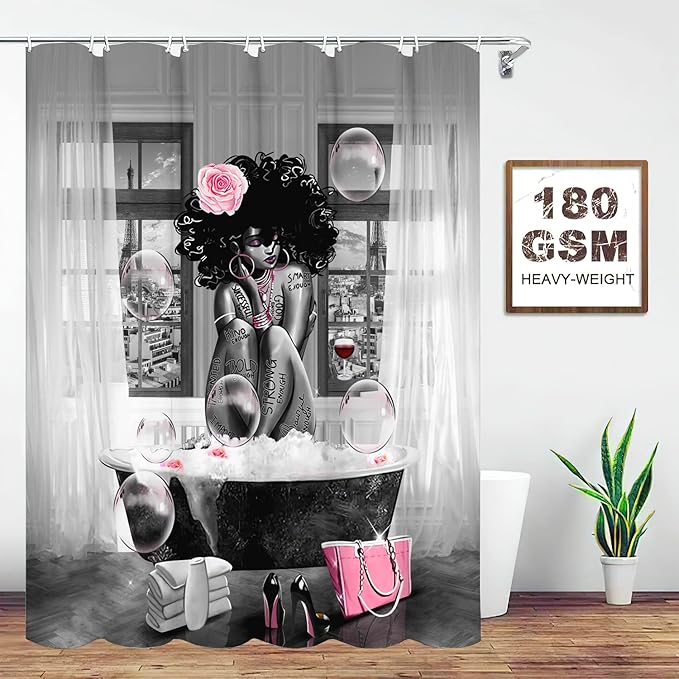 African American Woman Shower Curtain Waterproof Polyester Fabric Shower Curtain for Bathroom Grey Bathroom Curtain Machine Washable Quick Dry 72 x 72 Inches with 12 Hooks