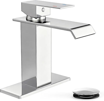 FORIOUS Bathroom Faucet 1 Hole Single Handle Vanity Sink Faucets Chrome | Sqaure Waterfall Spout, 1 or 3 Hole 4 Inch Centerset Sink with Drain and Hoses, for Vanity Rv Commercial Lavatory Restroom