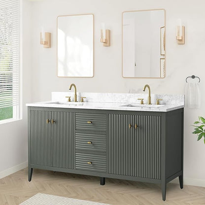 HOMEBEYOND 60" Bathroom Vanity with Double Sink, Solid Wood Bathroom Vanity Free-Standing Cabinet, Ceramic Top & Soft Closing Door, Golden Brushed Handware, Vintage Green