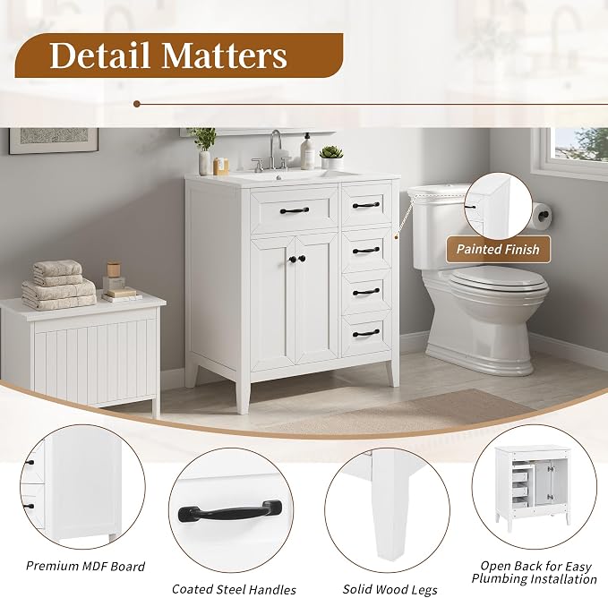 Merax 30 Inch Bathroom Vanities with Undermount Ceramic Sink, Storage Cabinet with Soft Closing Doors and Three Drawers, Solid Wood Frame, White