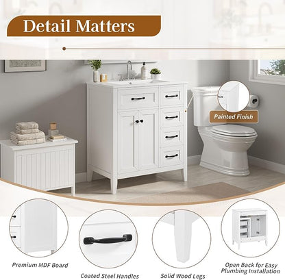 Merax 30 Inch Bathroom Vanities with Undermount Ceramic Sink, Storage Cabinet with Soft Closing Doors and Three Drawers, Solid Wood Frame, White