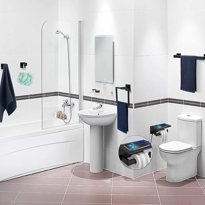 5 Pieces Bathroom Hardware Accessories Set Matte Black, 16Inch Square Towel Racks Set for Bathroom, SUS304 Stainless Steel Towel Bar Set, Toilet Paper Holder with Shelf Wall Mounted