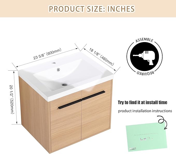 24" Floating Bathroom Vanity,24 Inch Bathroom Vanity with Sink,Single Sink Wall Mounted Vanity Combo,Brown Wall Mounted Cabinet Set