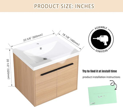 24" Floating Bathroom Vanity,24 Inch Bathroom Vanity with Sink,Single Sink Wall Mounted Vanity Combo,Brown Wall Mounted Cabinet Set