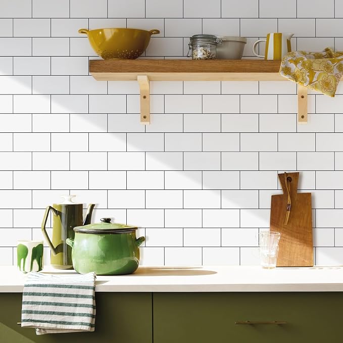 Vamos Tile 100-Piece Glossy Pure White Peel and Stick Backsplash Tile,3''x6'' PVC Subway Tile with Dark Gray Grout,Stick on Backsplash for Kitchen/Bathroom/Fireplace