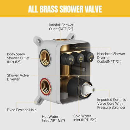 BESy Shower Faucet Fixtures Set for Bathroom, 10 & 6 In Round Dual Rain Shower Head, Ceiling & Wall Mounted Rainfall Shower System, Push Button Diverter Shower Valve with 2 in 1 Handheld, Matte Black