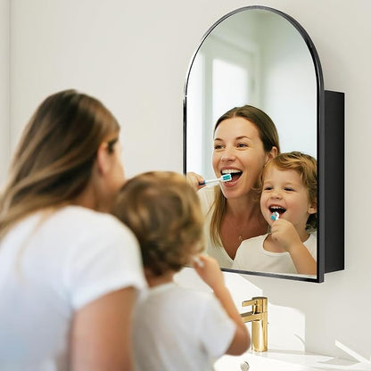 Bathroom Mirror with Storage,Arched Medicine Cabinet with Mirror,Medicine Cabinet Wall Mount,Black Bathroom Vanity Mirror with Storage,Adjustable Shelves,20x30 Inch