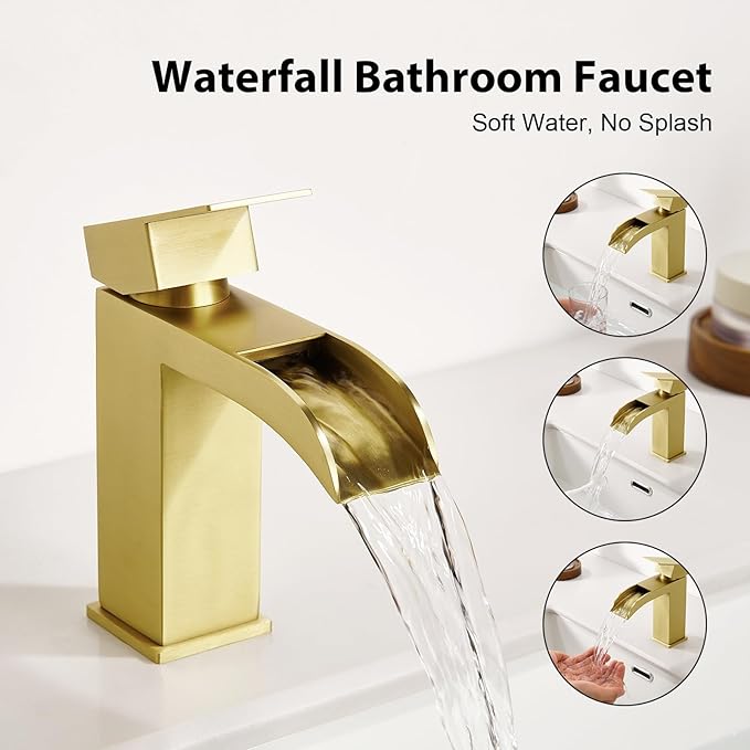 Faustina Brushed Gold Waterfall Bathroom Faucet, Single Handle Wide Spout Stainless Steel Gold Vanity Sink Faucet with Pop Up Drain & Deck Plate for 1 or 3 Hole