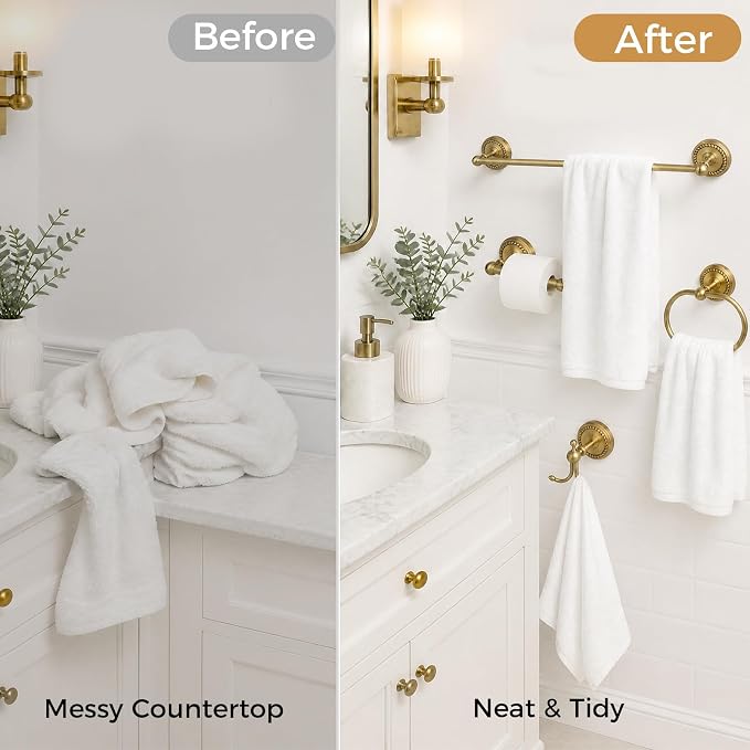 Antique Brass Bathroom Hardware Set, 4 Pieces Vintage Brass Bathroom Kit Accessories Sets Includes 24-inch Towel Bar, Towel Ring, Robe Hook & Toilet Paper Holder, Wall Mounted