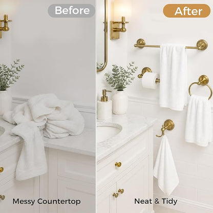 Antique Brass Bathroom Hardware Set, 4 Pieces Vintage Brass Bathroom Kit Accessories Sets Includes 24-inch Towel Bar, Towel Ring, Robe Hook & Toilet Paper Holder, Wall Mounted