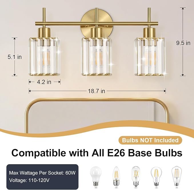Brushed Gold Bathroom Light Fixtures, Square, 3-Light | Vanity Lights with Crystal Shades, Modern Bathroom Lighting Fixtures over Mirror (Bulbs Not Included, E26)