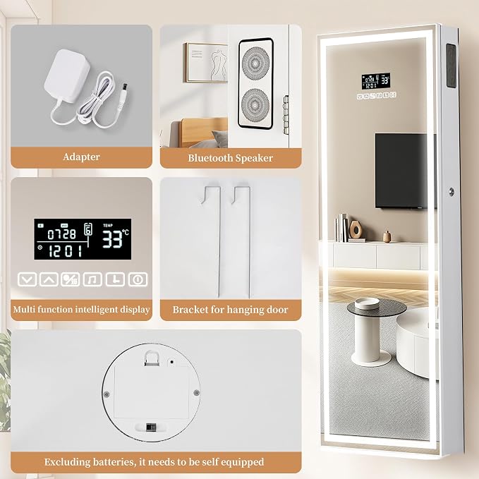 LED Mirror Jewelry Cabinet, Bluetooth Speaker, Full Length Mirror, White | Touch Screen, Defogging, Color Temperature & Timer Control; Lockable Storage with 2 Drawers; Wall or Door Mounted; 42.2" Tall