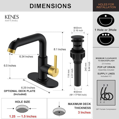 Black & Gold Pull Down Bathroom Faucet 1 Handle, 1 Hole Vanity Faucet | Pull Out Bathroom Faucet with Pop Up Drain & 6 Inch Deck Plate, Lead-Free cUPC & NSF Certified, 1 Hole Faucet for Vanity RV