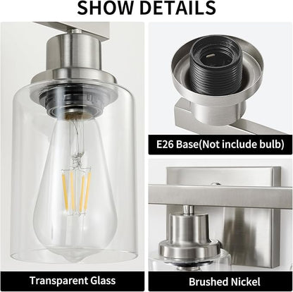 3-Light Bathroom Light Fixtures, Nickel Bathroom Vanity Light with Clear Glass Shade, Modern Bathroom Wall Lights Over Mirror, Farmhouse Wall Sconces Lighting for Bedroom Living Room