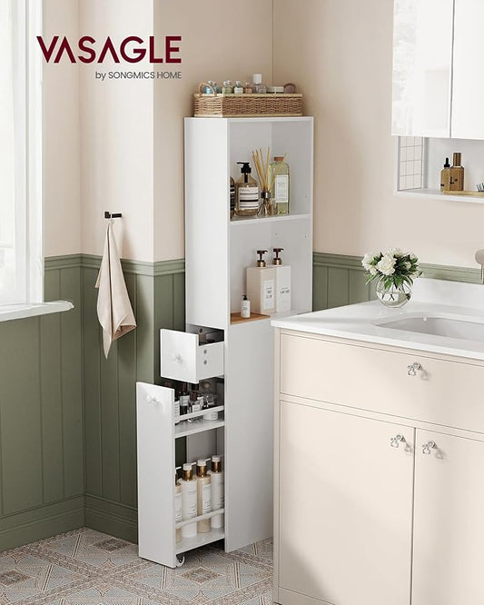 VASAGLE Slim Bathroom Storage Cabinet, Narrow Freestanding Cabinet with Storage Drawers and Adjustable Shelf, for Small Spaces, Modern Style, Cloud White UBBK567T14S