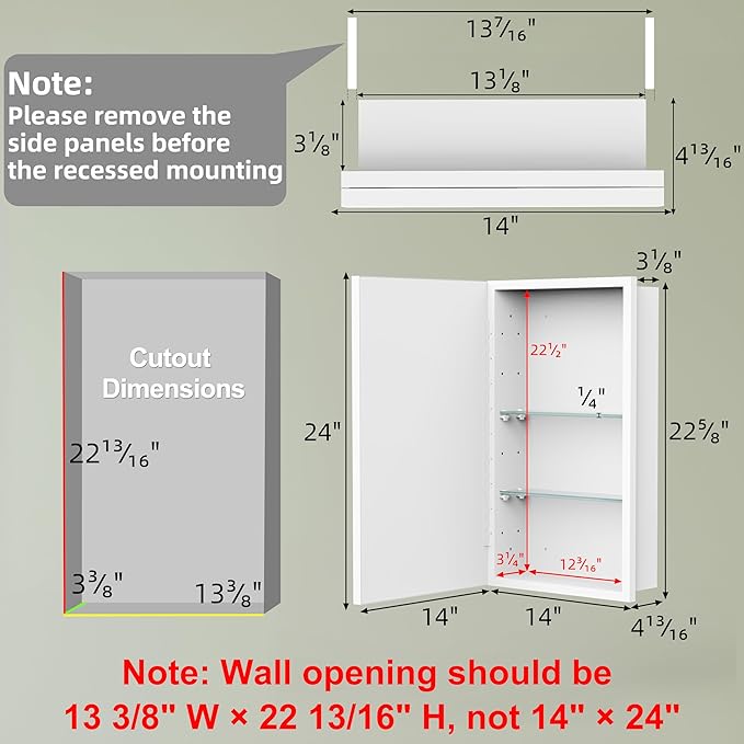 Buruis 14"x 24" Small Framed Medicine Cabinet with Mirror, Compact Recessed or Wall Mounted Bathroom Cabinet, Adjustable Tempered Glass Shelves, Left/Right Open Reversible, No Assembly Required, White