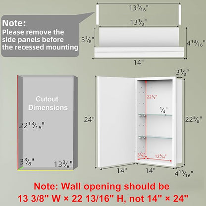 Buruis 14"x 24" Small Framed Medicine Cabinet with Mirror, Compact Recessed or Wall Mounted Bathroom Cabinet, Adjustable Tempered Glass Shelves, Left/Right Open Reversible, No Assembly Required, White
