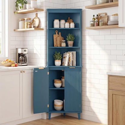 Giantex 68" Tall Corner Cabinet with Fluted Doors (Navy Blue) | Modern Bathroom Floor Storage Cabinet, 6-Tier Space Saver Display Shelves for Kitchen, Living Room, Hallway, Laundry