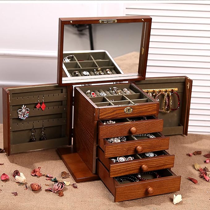 Changsuo Wooden Jewelry Box for Women, Organizer Box of Solid Wood with Lock and Key for Jewelries, Watches, Necklace, Ring, Lockable Storage Case (Cherry)
