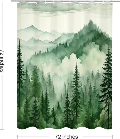 Litabel Green Misty Pine Forest Shower Curtain, Mountain Foggy Woodland Scenery Tree Shower Curtains for Chic Rustic Bathroom, Abstract Modern Waterproof Nature-Themed Decor, 72x72 Inches