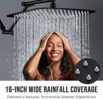 G-Promise 16 Inch All Metal Rain Shower Head with Extension Arm | Built to Last, Rust Resistant, Easy to Install, Adjustable, Full Body Coverage Large Rainfall Shower Head, Daily SPA