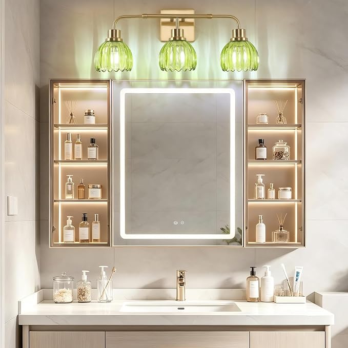 Ralbay Vintage Bathroom Light Fixtures,Gold Bathroom Vanity Light,Matte Antique Brass Finish with Green Crystal Glass Shade,Wall Sconces Lighting for Bedroom,Living Room,Hallway(3-Light)