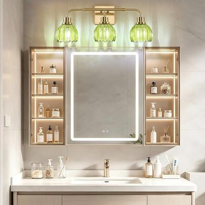 Ralbay Vintage Bathroom Light Fixtures,Gold Bathroom Vanity Light,Matte Antique Brass Finish with Green Crystal Glass Shade,Wall Sconces Lighting for Bedroom,Living Room,Hallway(3-Light)