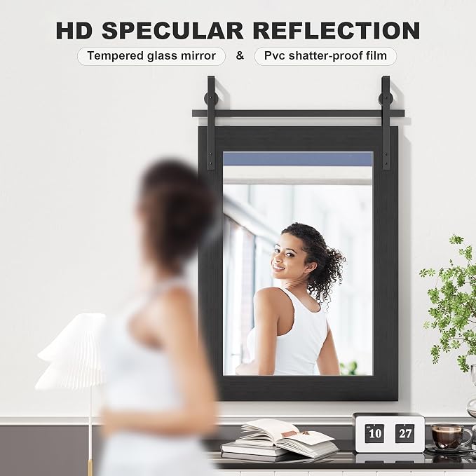 Hasipu Farmhouse Bathroom Mirror, 22"x30" Rustic Wood Framed Wall Mounted Mirror, Black Vintage Vanity Mirror Barn Door Style Decrative Mirrors