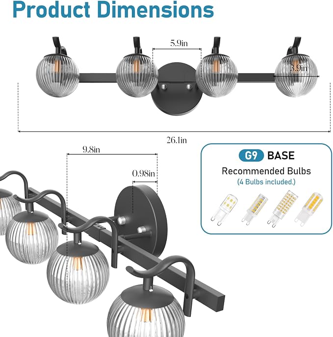 Lightdot Upgrade 4 Light Bathroom Vanity Light, 26" Modern Black Vanity Lights with Waterproof Crystal Ribbed Lampshade, Rust-Proof Bathroom Light Fixtures Over Mirror for Kitchen Hallway Cabinet