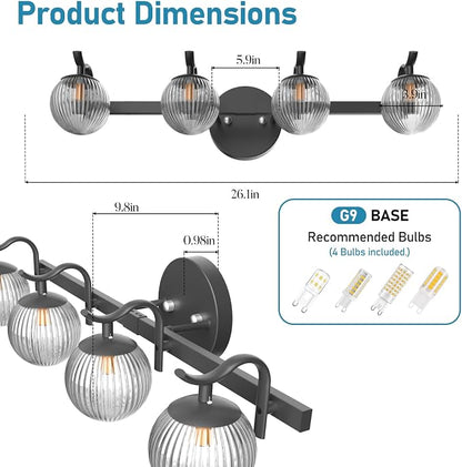 Lightdot Upgrade 4 Light Bathroom Vanity Light, 26" Modern Black Vanity Lights with Waterproof Crystal Ribbed Lampshade, Rust-Proof Bathroom Light Fixtures Over Mirror for Kitchen Hallway Cabinet