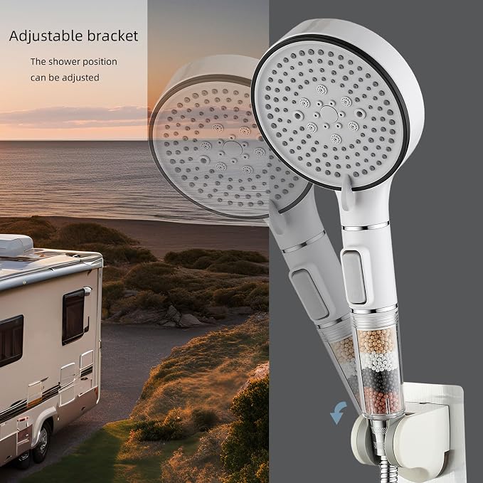RV Shower Head with Hose, High Pressure 5 Setting Shower Head with Filter and On/Off, Water Saving Shower Head for RV/Camper, Travel Trailer, Motorhome,White，Save water (White)