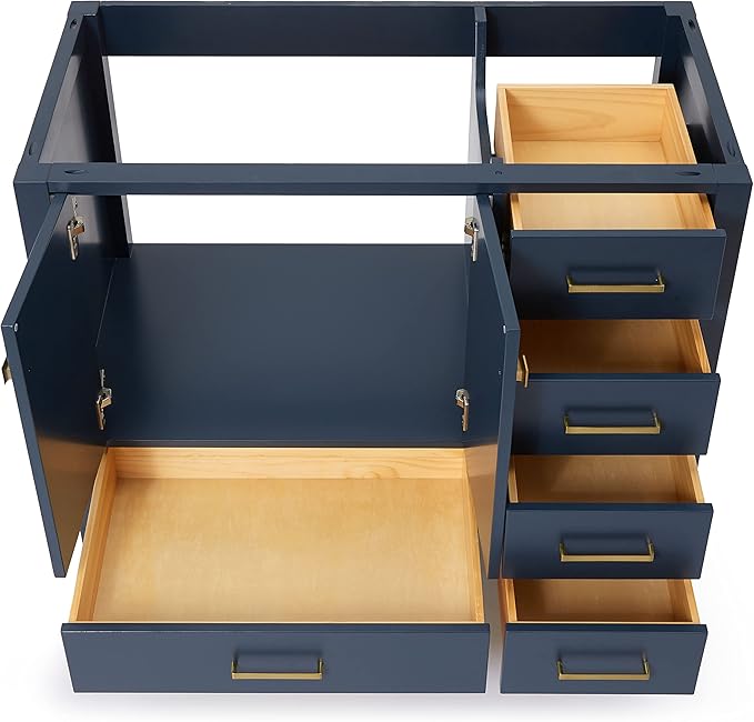 ARIEL Cambridge 42-inch Bathroom Vanity Base Cabinet,Solid Wood, 2 Soft Closing Doors, 5 Dovetail Drawers, Midnight Blue