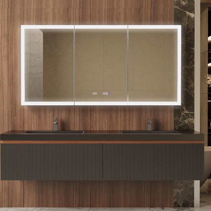 60" W x 30" H Smart Lighted Medicine Cabinet with Mirror for Bathroom, Recessed/Surface Mount Medicine Cabinet with Anti-Fog, 1800W Charging Station, USB Ports, 3 Color Lights