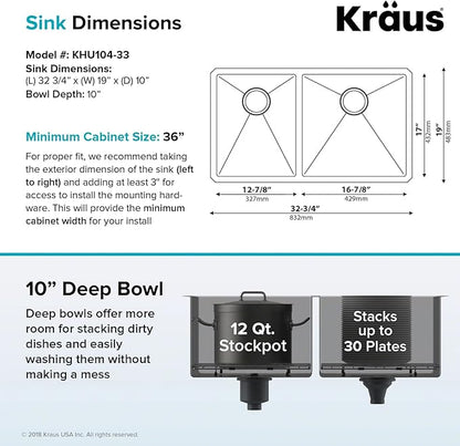 KRAUS Standart Pro 33 -inch Undermount 60/40 Double Bowl 16 Gauge Stainless Steel Kitchen Sink, KHU104-33