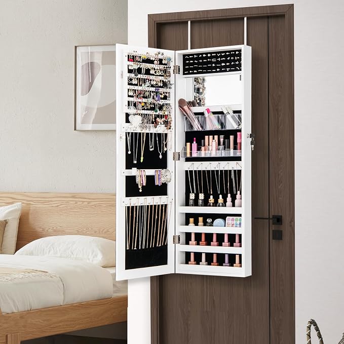 CHARMAID Jewelry Cabinet Wall or Door Mounted, Hanging Lockable Jewelry Armoire Storage with Full Length Mirror, Interior Makeup Mirror, Over the Door Jewelry Organizer Box with Mirror (White)