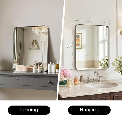 20"x16" Bathroom Mirror, Rounded Rectangle Vanity Mirror | Anti-Rust Aluminum Framed, Wall Mounted Mirror for Over Sink, Hangs Horizontally or Vertically, Brushed Nickel
