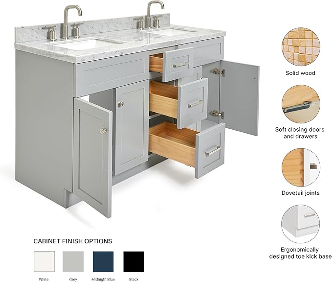 ARIEL Hamlet 60-inch Bathroom Vanity with Sink,Solid Wood, 1.5-inch Italian Carrara Marble Countertop & Backsplash, Double Rectangular Porcelain Sink, 4 Soft Closing Doors, 3 Dovetail Drawers, Grey
