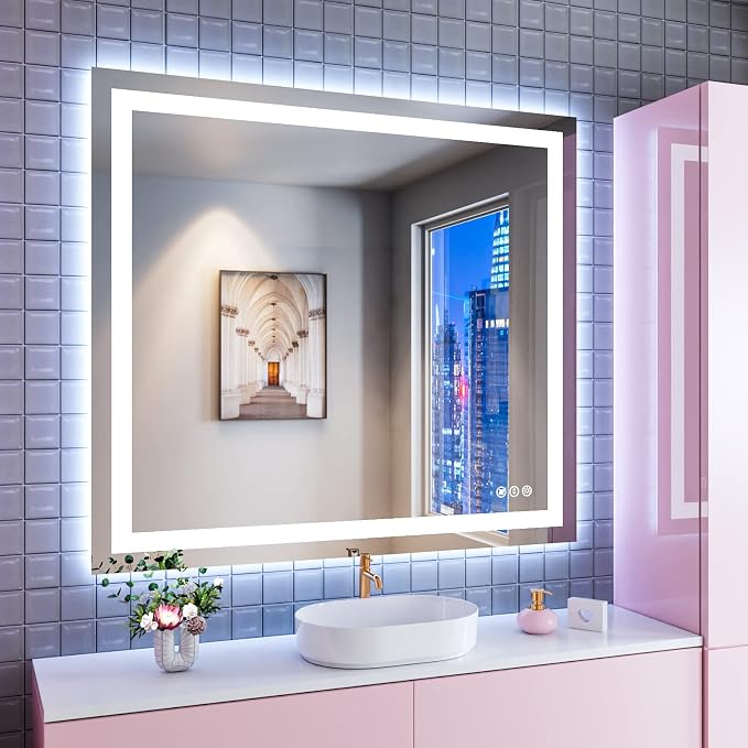 LED Bathroom Mirror 40"X36" with Front Light and Backlit | Stepless Dimmable, Anti-Fog, Shatter-Proof, HD Reflection, Memory, 3 Colors Lighting, UL Listed (Horizontal/Vertical).