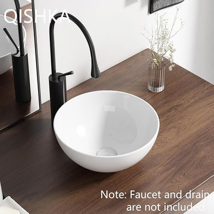13 Inch Round Bathroom Bowl Sink Above Counter, QISHKA Small White Ceramic Vanity Vessel Sink - 13" x 13" Countertop Circle Art Basin for Space-Saving