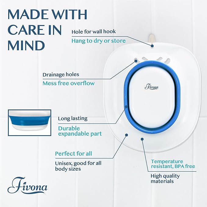 Fivona Sitz Bath for Toilet Seat Postpartum and Hemorrhoids Care - Yoni Steam Seat - Foldable Basin for Epsom Salt Soak - Portable Bidet BPA Free Temperature Resistant - Universal Fit - Blue