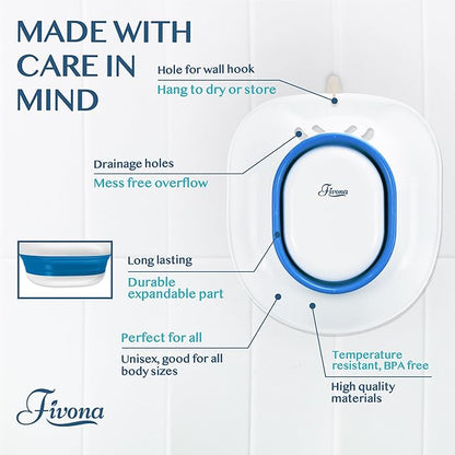 Fivona Sitz Bath for Toilet Seat Postpartum and Hemorrhoids Care - Yoni Steam Seat - Foldable Basin for Epsom Salt Soak - Portable Bidet BPA Free Temperature Resistant - Universal Fit - Blue
