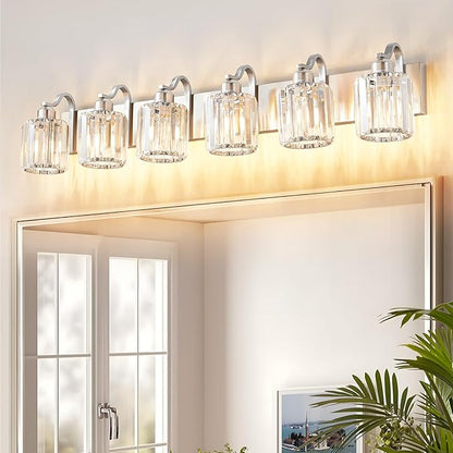 Crystal Bathroom Lighting Fixtures Over Mirror, 6 Light Brushed Nickel Vanity Light, Modern Bath Wall Sconce Lighting for Bedroom Living Room (Exclude Bulb)