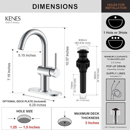 Polished Chrome Bathroom Faucets Single Handle, 1 Hole Vanity Faucet | Bathroom Sink Faucet with Pop Up Drain & 6 Inch Deck Plate, Lead-Free cUPC & NSF Certified, 1 Handle Faucet for Vanity RV Bar